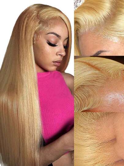 Eulisi Peluca recta de pelo humano de 24 pulgadas de color rubio miel, peluca frontal de encaje de pelo humano de color rubio miel HD de 13x6, 180 densidad, peluca frontal de encaje de pelo humano coloreado 27# rubio, pelucas de pelo humano rubio para mujeres