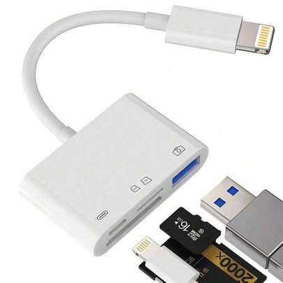 1个四合一Micro SD TF读卡器，便携式相机存储卡读卡器，即插即用，兼容 14 Pro Max/14 Pro/14 Plus/14/13/12/11/XS/XR/8/7/6、iPad系列