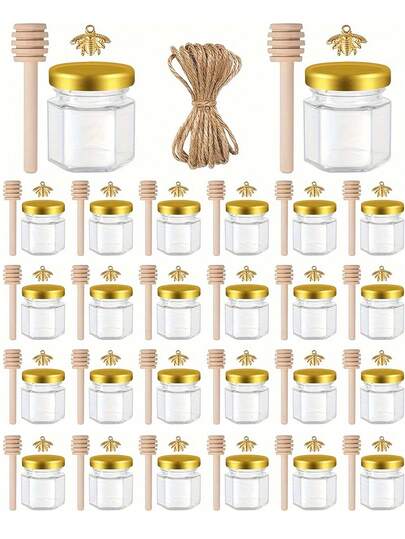 1.5oz Hexagon Mini Glass Honey Jars - 1pc/4pcs/10pcs/20pcs/30pcs Set, With Wooden Tray, Gold Lids, Thank You Cards, And Burlap Twine, Ideal For Baby Showers, Weddings, And Parties, Also Great As Wedding Favors And Party Favors