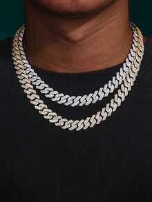 1 قطعة سلسلة عنق من نوع كوبي مربوط 15 مم، سلسلة عنق ثلاثية الصفوف مرصعة بالراين ستون لطراز الهيب هوب، سلسلة مزيفة من الراين ستون كهدية لعيد الأب