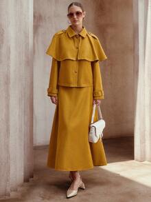 Simplee Women's Spring New Solid Color Cloak Shawl Long Sleeve Jacket Top And Skirt 2-Piece Set, Fashionable For Commuting