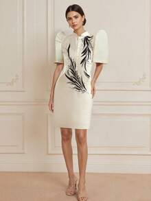 Amyenjoylife 现代菲律宾传统服饰连衣裙，优雅蝴蝶袖菲律宾传统服饰，女士优雅气质印花泡泡袖衬衫裙，现代菲律宾传统服饰，香槟色连衣裙 - 香檳色 - 查看 1