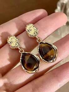 1 对时尚珐琅合金孔雀石色圆形耳钉耳环，经典时尚设计，适合女性 - 棕色 - 查看 6