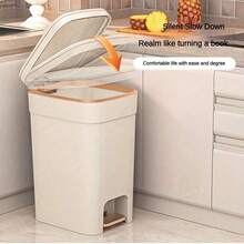 1 pieza Papelera de baño compacta básica de plástico, con pedal sin manos, cierre silencioso, diseño de pedal ligero con aro para bolsa de basura, estética moderna rectangular de gran capacidad, viene con tapa para protección contra olores, adecuada para oficina, dormitorio, cocina, sala de estar, color dorado champán, accesorios de baño, decoración de habitación