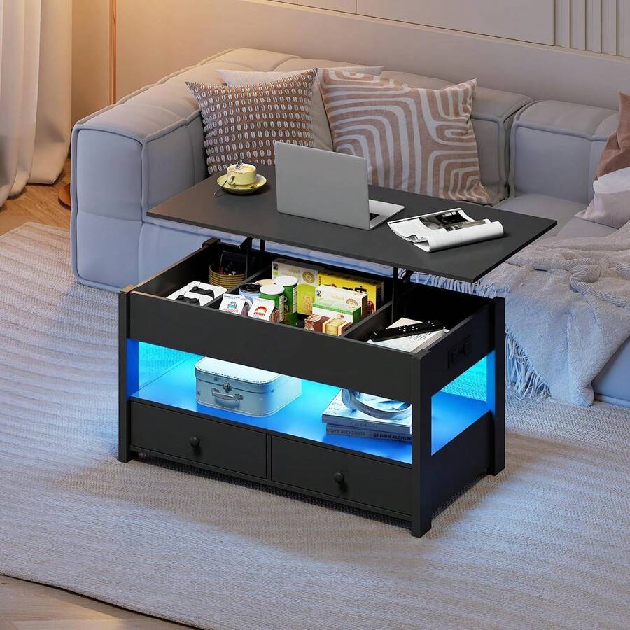 Coffee Table, Lift Top Coffee Table With 2 Drawers, LED Light, Large Hidden Compartment And Open Shelf, Lift Tabletop, Dining Table For Living Room - View 1