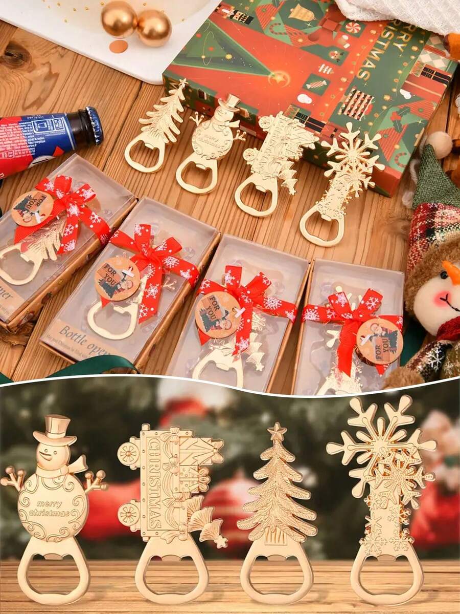 4 Conjunto de Abridor de Garrafas de Natal - Designs Natalinos (Árvore, Boneco de Neve, Floco de Neve, Carro de Presente) - Decorações Natalinas de Metal Durável e Acessórios de Bar Práticos para Casa, Festas e Presentes - Sem Necessidade de Eletricidade, Suprimentos para Festa, Essencial para Bar em Casa, Abridor de Garrafas de Alta Qualidade, Construção Resistente, Utensílios de Cozinha, Organizadores de Festa, Decorações de Natal
