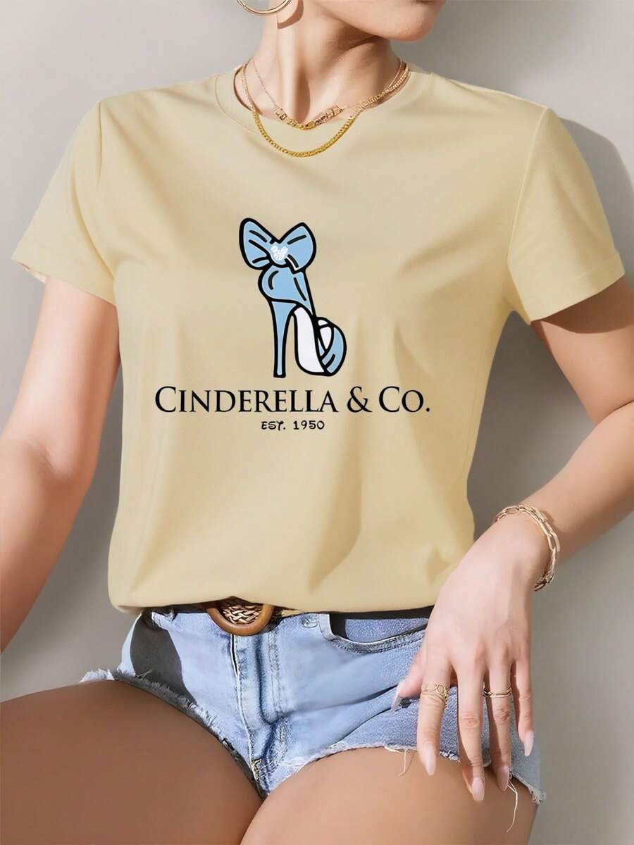 High Heel Print Valentines Day For Women T-Shirt, Women's 220g Round Neck Casual Heavy Pure Cotton T-Shirt (1 PC) - 杏色 - 查看 1