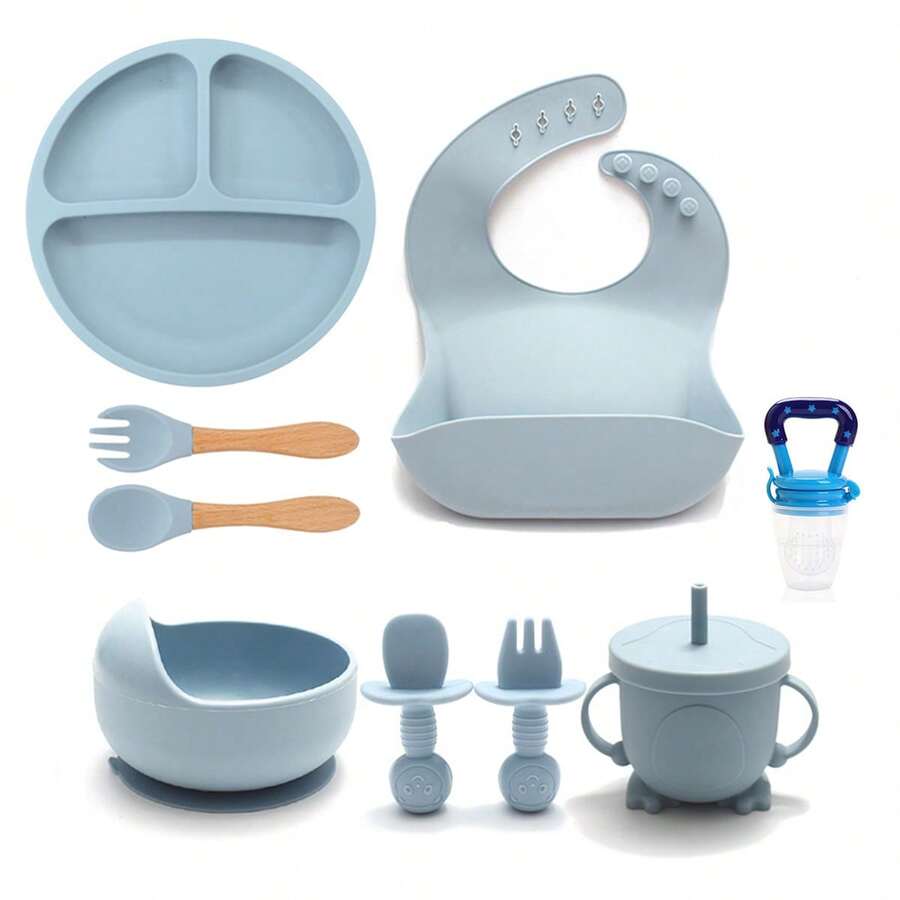 Set de Vajilla 9 Piezas en Silicona para Bebés Diseño Clásico Duradero Polvoriento Azul Incluye Cuchillería Perfecto para Niños y Fácil de Limpiar - Neblina azul - Ver 1