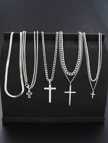 6/2pcs Simple Casual Fashion Cross Stainless Steel Multi-Layer Pendant Necklace Set For Men, Suitable For Vacation, Date, Gift, Daily Casual, Party Matching, Gift For Boyfriend, Father - 銀色 - 查看 10