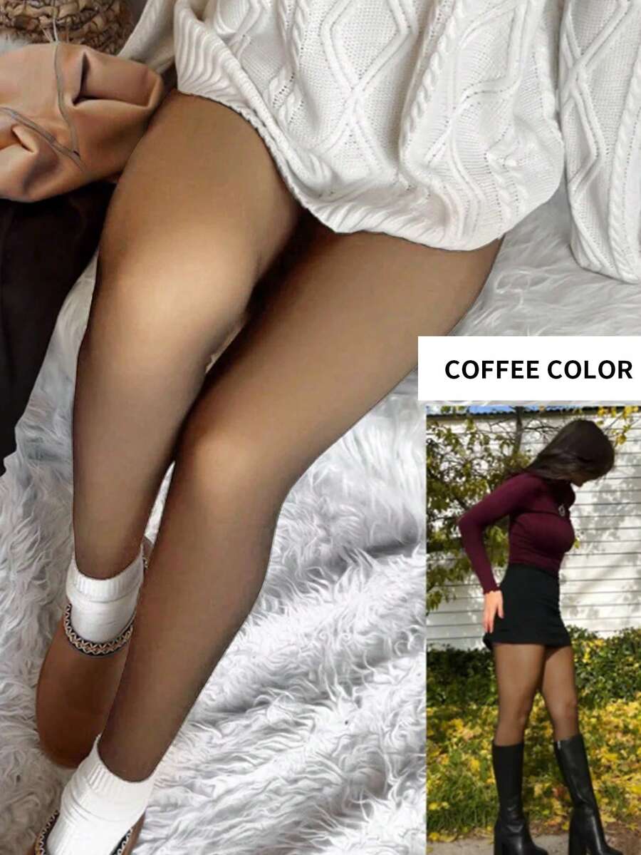 Woman Thermal Tights Sexy Translucent Fleece Leggings Pantyhose Slim Winter Warm Thick Velvet Stockings Female Streetwear Pants - 咖透膚 - 查看 1