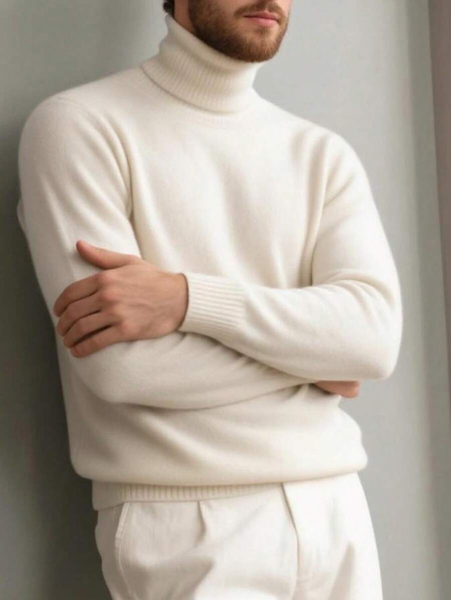 Men's Solid Color Casual High Neck Long Sleeve Sweater, For Fall Winter - Cream - View 1