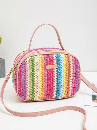 1pc Beige Woven Crossbody Straw Bag, Minimalist Leather Tag Detail, Multifunctional Travel & Beach Bag, Summer Essential, Ideal For Vacation & Shopping