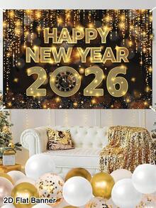 1pc Black Golden Happy New Year Banner 2026 150*100cm Shining Clock Pattern New Year Backdrop Photo Booth Festival Background Cloth Christmas Decorative Wall Hanging Tapestry Room Home Decor Happy New Year 2026 Decorations