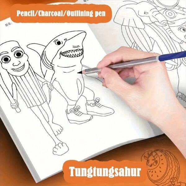 2 peças de livro de desenho infantil italiano Brainrot, tubarão e homem, projeto de arte em desenho animado - padrões criativos para arte e narrativa, presente perfeito para Halloween, Natal, aniversários, livro educacional infantil, desenho animado