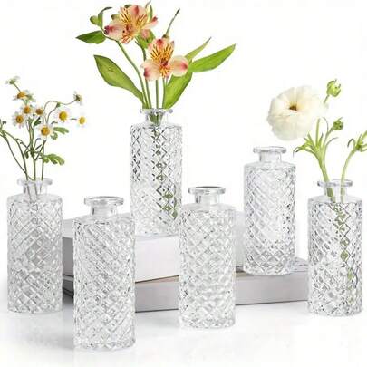 Zestaw 6 szklanych wazonów, kryształowe wazony, wysokość 5,2 cala, małe wazony dekoracyjne, odpowiednie jako ozdoba centralna, wazon stołowy w stylu vintage, na wesele, imprezę, do wystroju domu, na Halloween, prezent świąteczny, prezent urodzinowy, prezent z okazji ukończenia szkoły, wystrój pokoju