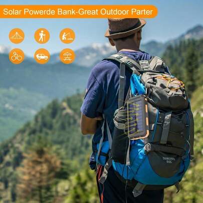 Solar Power Bank With Built-In Flashlight, Compass, And Automatic Output Adjustment Function. Waterproof, Dustproof, And Shockproof, Suitable For Camping, Hiking, Fishing, And Cycling.