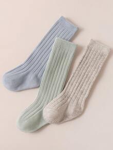 3双/批婴儿及膝袜儿童女孩男孩柔软长袜可爱西班牙条纹纯色儿童袜子适合0-3岁 - 彩色 - 查看 2