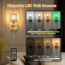 SuperYoPinny Battery Operated Crystal Wall Sconces Set Of 2, Gold Wireless Wall Sconce With USB Rechargeable LED Light Bulbs 12 Colors Dimmable Crystal Wall Lamp With Remote For Bedroom Living Room, Bulbs Included - 金色 - 查看 3