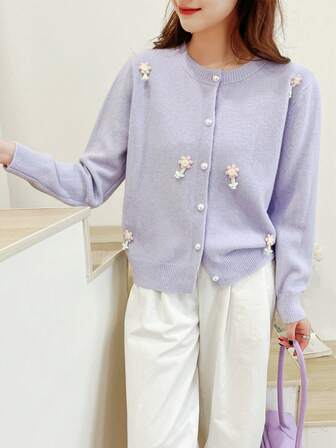 Nuevo estilo coreano de otoño/invierno Cárdigan de punto con flores 3D para mujer, dulce y suave, corto, suave y esponjoso, de unicolor, jersey versátil