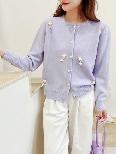 Cardigan lavorato a maglia stile coreano, nuovo per autunno/inverno, con decorazioni floreali 3D, dolce e delicato, corto, morbido e soffice, tinta unita, maglione versatile