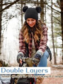 Thermal Lined Cute Winter Beanie Hats For Women Girls Warm Knit Hats With Double Faux Fur Pom Poms - A - View 8