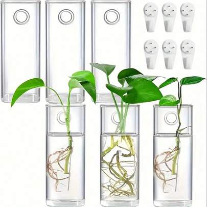 6pcs Art Deco Glass Cylinder Vase Wall Hanging Terrarium Container, Perfect For Propagating Hydroponic Plants, Home Office Garden Decor, Wedding Home Decor Room Decor Flower Vase Glass Vase