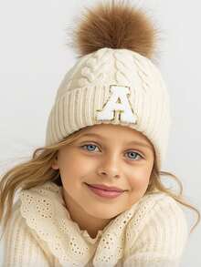 1pc Kids Letter & Pom Pom Knit Beanie Hat, Soft Comfortable Warm Fashionable Versatile Winter Cap, Suitable For Boys & Girls Everyday Wear, Great Gift - White - View 3