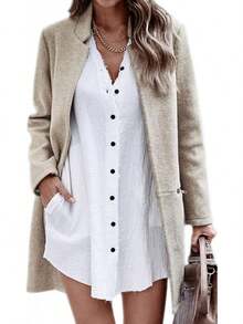 Women's Long Sleeve Stand Collar Mid-Long Open Front Cardigan Overcoat With Zipper Pockets, Fashionable Outerwear BLSO - Khaki - View 6