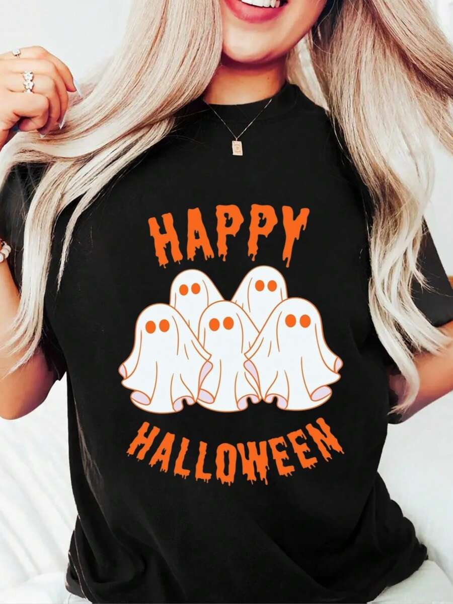 Mujer Camiseta de Mujer México Víspera de Todos los Santos Casual Versátil Cómodo y Elegante Camiseta negra con diseño de fantasmas y letras "HAPPY HALLOWEEN" para celebrar el Día de las Brujas - Negro - Ver 1
