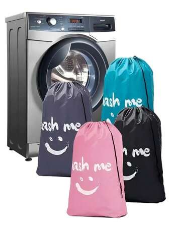 Smiling Face Printed, Large Laundry Bag, Clothes Protector Bag, Washing Bag, 4 Colors Available, Drawstring Closure - Durable, Washable Polyester For Dirty Clothes, Swimwear, Laundromat Accessories, Foldable For Easy Carrying