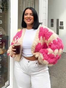 Women's Chunky Cardigan Lantern Sleeve Open Front Sweaters Loose Fit Cable Knit Oversized Cardigans Outwear Coats - Hot Pink - View 4