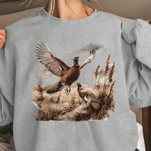 Graphic Tees Women's Retro Pheasant Pattern Printed Sweatshirt - Soft Beige Round Neck Casual Pullover, Medium Elastic Machine-Washable Autumn And Winter Comfort Top, Autumn Clothing, Comfortable And Suitable For The Body - Apricot - View 4