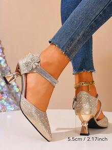 优雅水钻装饰女士高跟鞋，珍珠蝴蝶结装饰水晶尖头低跟凉鞋，时尚镂空女士中跟鞋，婚礼派对高跟鞋 - 金色 - 查看 4