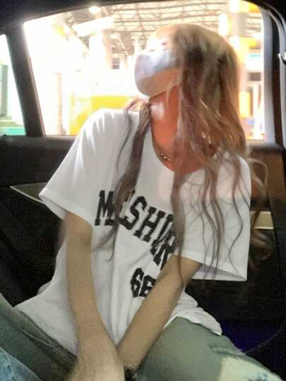 女士纯色字母印花圆领宽松休闲短袖T恤，春夏