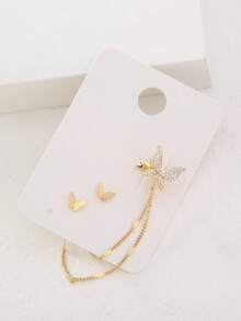 3pcs/Set Copper Butterfly Inlaid Cubic Zirconia Tassel Left Ear Cuff Earrings Set, Suitable For Women's Daily, Party, And Holiday Occasions