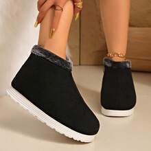 Damen Schwarze Mode Schneestiefel, flache warme Winterschuhe, kurze Winterstiefel