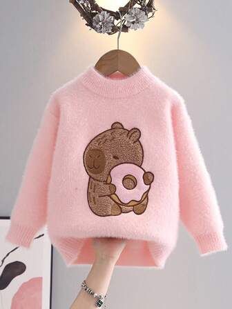 Girls Cartoon Knitted Sweater, Thick & Warm, Autumn/Winter