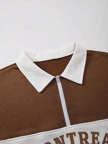 Men's Letter Print Patchwork Pullover Quarter Zip Sweatshirt, Casual Loose Fit Crew Neck Long Sleeve Sweatshirt, Fashionable Spring/Autumn Lightweight Top