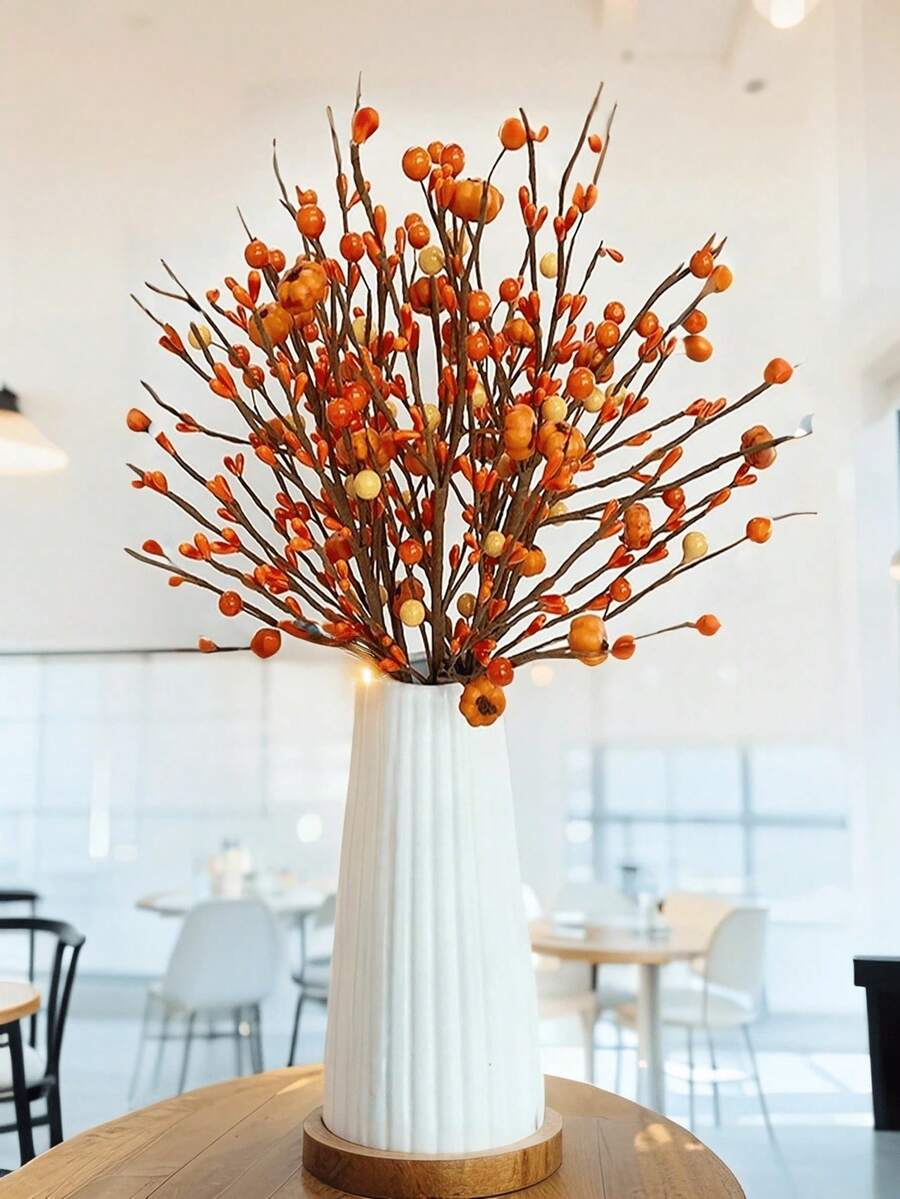1pc/3pcs/6pcs Artificial Pumpkin Orange Berry Stem Autumn Pumpkin Branch For Autumn Harvest Festival Thanksgiving Decoration Vase Autumn Harvest Festival Home Decor Christmas Decorations Room Decor Christmas - Yellow - View 1