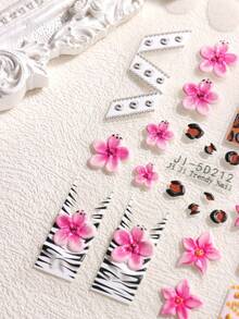 2/1pc 5D Retro Leopard Print Nail Stickers – Pink Hibiscus, Zebra & Leopard Patterns, French-Style Embossed Self-Adhesive Decals; Sexy & Glamorous Autumn/Winter Nail Art Decorations For DIY & Salons. - Multicolor - View 9