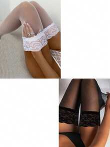 1 pereche de ciorapi transparenți pentru femei, din dantelă antiderapantă, mărime mare, cu dantelă și silicon, peste genunchi, ciorapi până la coapsă, cu garnitură delicată din dantelă, potriviți pentru stilul zilnic, E-Girl - Multicolor - Vizualizare 16