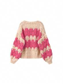 Women's Chunky Cardigan Lantern Sleeve Open Front Sweaters Loose Fit Cable Knit Oversized Cardigans Outwear Coats - Hot Pink - View 2