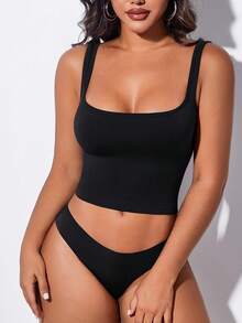 Women's Summer Square Neck Tank Tops Workout Cropped Camisole - Black - View 4