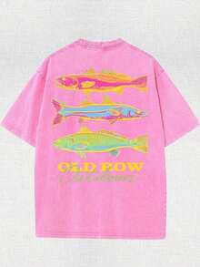 Men's Casual Summer Washed Cotton T-Shirt [Old Row Outdoor] Fish Print, Round Neck, Short Sleeves, Lightweight Cotton Knitted Fabric, Casual Summer Round Neck Shirt |   Rib Details.-Unisex Women & Men's Tees - Hoa hồng hồng - Xem 2