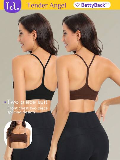 Tender Angel 2 件套女士运动文胸套装，可拆卸衬垫单肩简约工字背瑜伽文胸上衣
