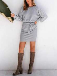 2025 Cross-Border European And American Autumn And Winter Women's New Style Belt-Decorated Long-Sleeve Ribbed Wool Knitted Dress For Women - Xám - Xem 4