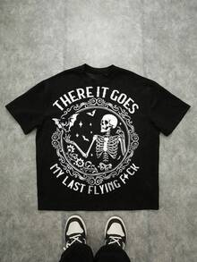 Gothic Skeleton There It Goes My Last Flying Fck T-Shirt,Comfortable Casual Short Sleeve, 220 Grams Heavyweight Cotton Printed T-Shirt,Halloween,Fall Clothes,Oversized - 黑色 - 查看 1