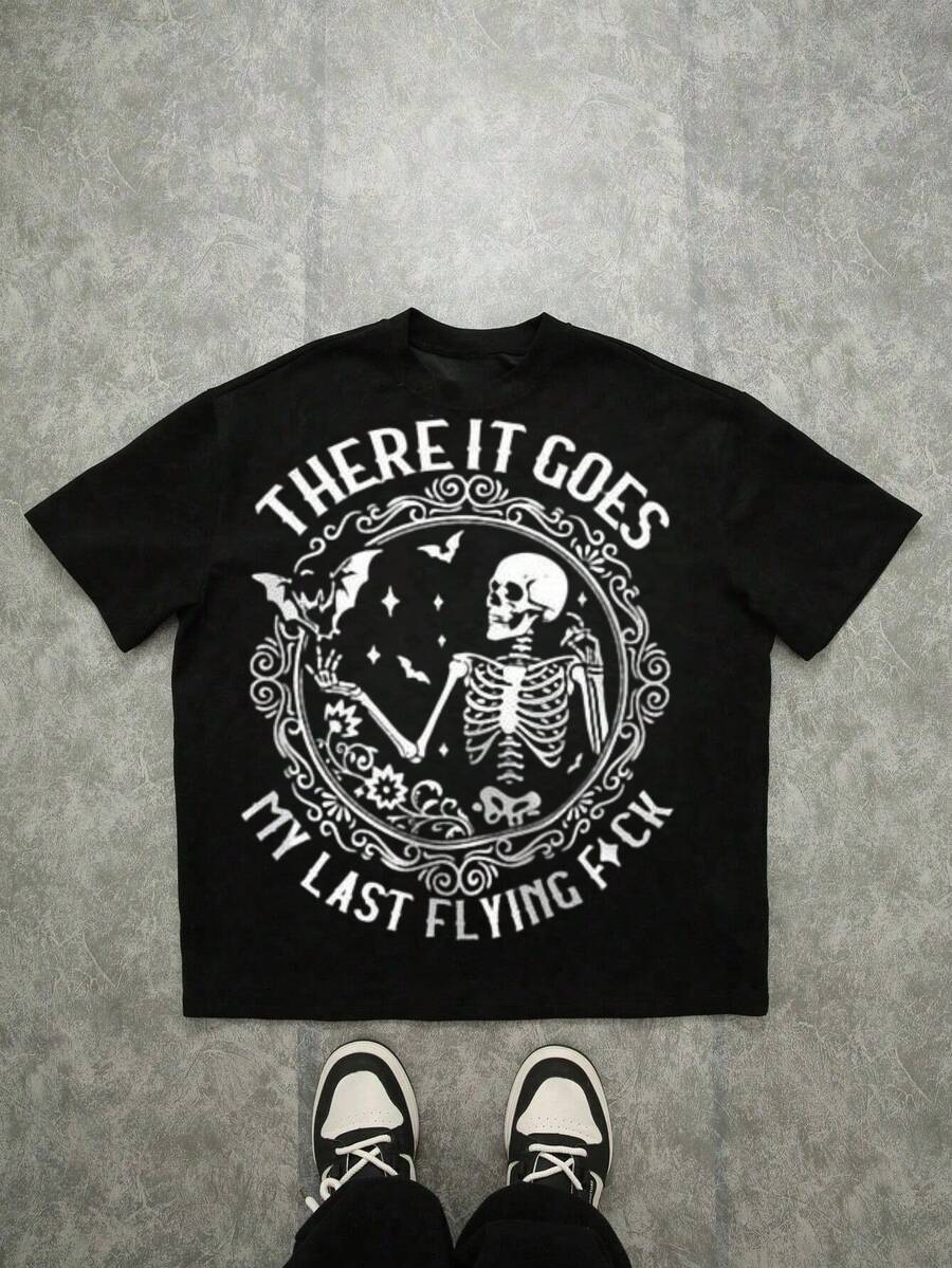Gothic Skeleton There It Goes My Last Flying Fck T-Shirt,Comfortable Casual Short Sleeve, 220 Grams Heavyweight Cotton Printed T-Shirt,Halloween,Fall Clothes,Oversized - 黑色 - 查看 1