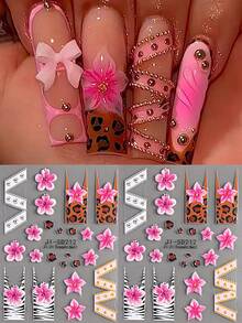 2/1pc 5D Retro Leopard Print Nail Stickers – Pink Hibiscus, Zebra & Leopard Patterns, French-Style Embossed Self-Adhesive Decals; Sexy & Glamorous Autumn/Winter Nail Art Decorations For DIY & Salons. - Multicolor - View 3