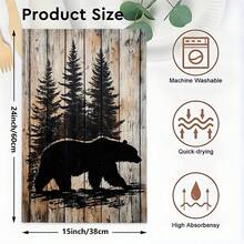 1 set/2 pièces/100 pièces Serviettes de cuisine et torchons avec motif de silhouette d'ours noir et de pins sur fond en bois, convient pour la décoration intérieure des restaurants, cuisines et salles de bains, la décoration de fête, les cadeaux de festival, en tant que cadeau